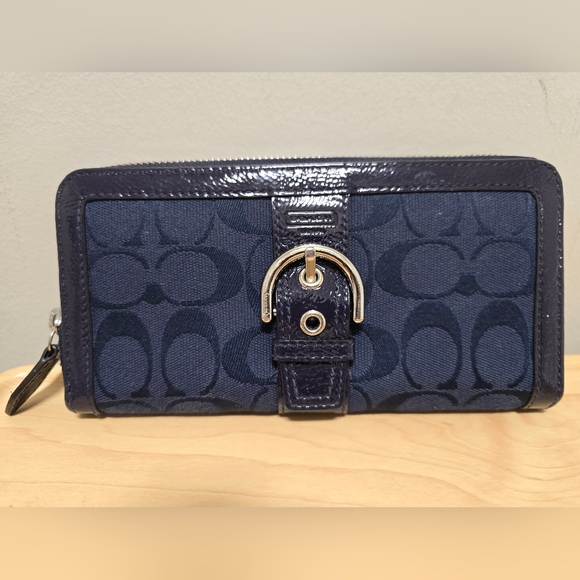 COACH Navy Blue Canvas and Patent Leather Zip Around Accordian Wallet w/ Buckle - Picture 1 of 15